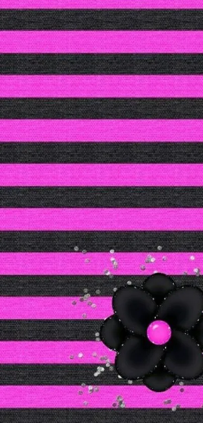 Pink and black striped wallpaper with floral design.