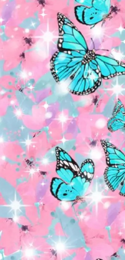 Vibrant pink and blue butterfly wallpaper with sparkles.