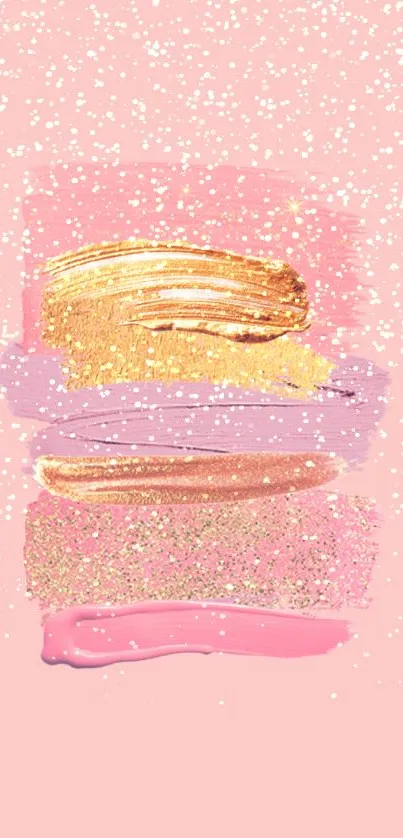 Artistic pink and gold brushstrokes wallpaper with glitter accents.