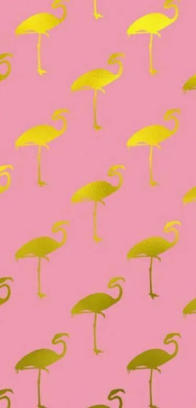 Pink wallpaper with golden flamingo pattern.