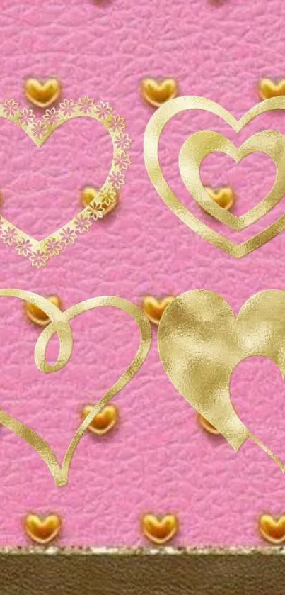 Pink wallpaper with gold heart patterns.