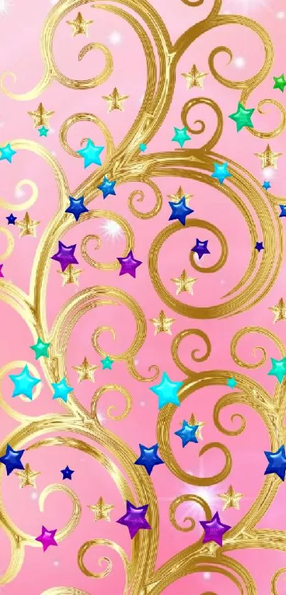 Pink wallpaper with gold swirls and colorful stars.