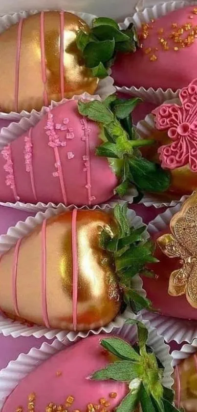 Pink and gold chocolate strawberries in decorative design.