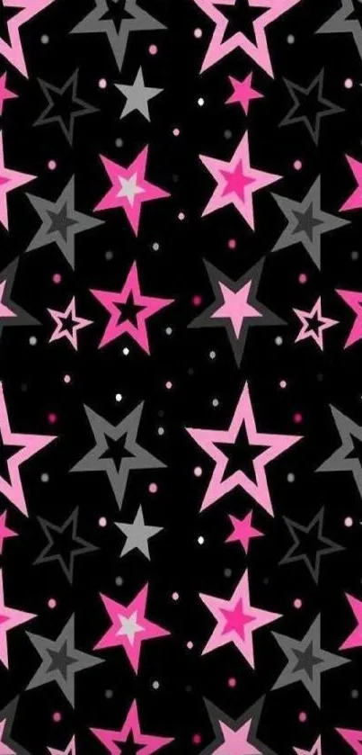 Vibrant pink and gray star pattern on black background wallpaper.