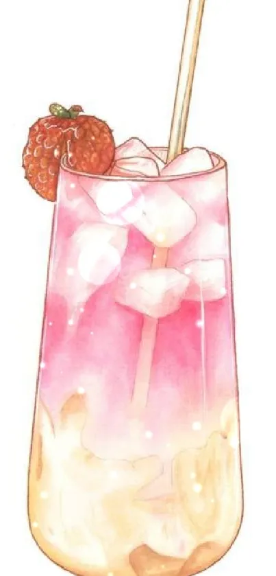 Watercolor art of pink and orange drink with ice cubes.