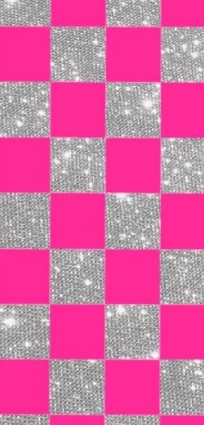 Pink and silver checkerboard glitter wallpaper.