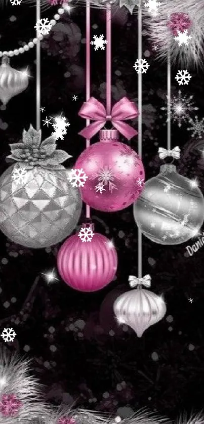 Festive pink and silver ornaments wallpaper for mobile phone.