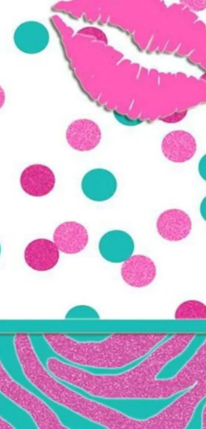 Pink and teal lips and polka dot wallpaper design.