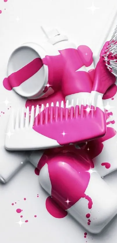 Abstract pink and white art with brush and comb design.