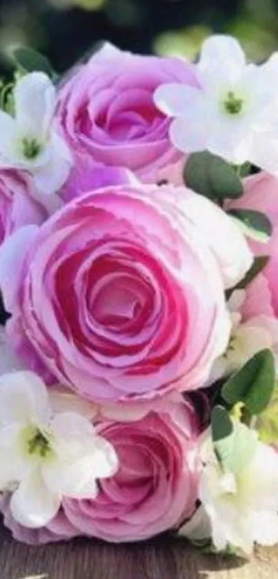 Pink roses and white flowers bouquet wallpaper.