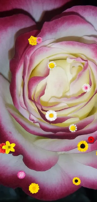 Close-up of a pink and white rose bloom.