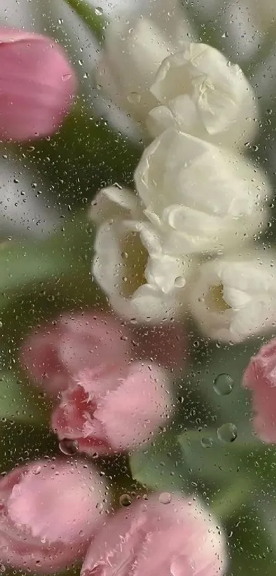 Beautiful pink and white tulips with water droplets on glass.