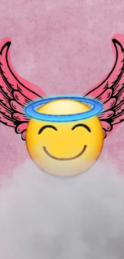 Smiling angel emoji with pink wings on a textured pink background.