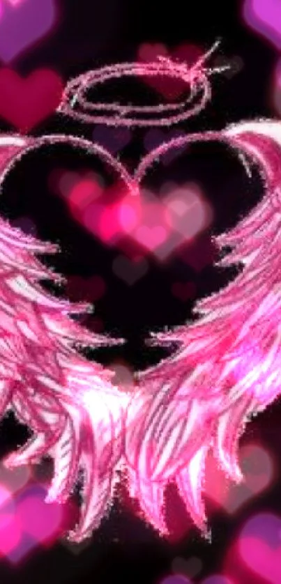 Pink angel wings forming a heart with a halo on black background.