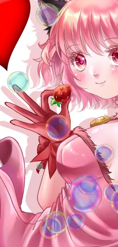 Anime character in pink dress holding a strawberry with bubbles around.