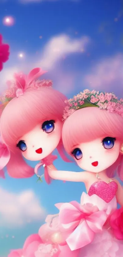 Anime characters in a pink floral fantasy setting.