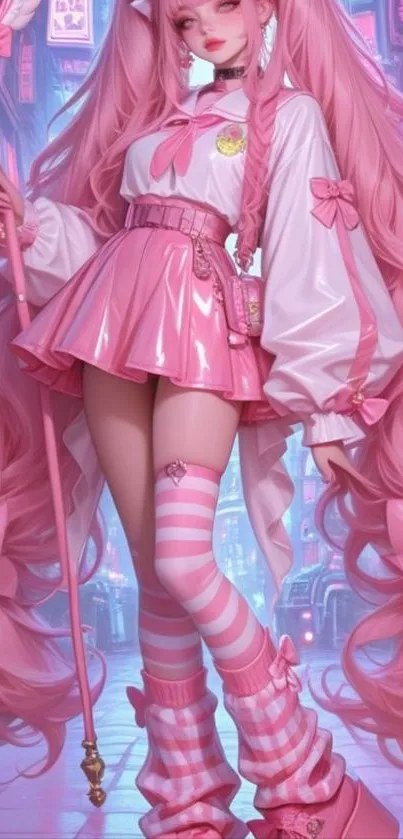 Anime girl in pink outfit with flowing hair and magical staff.