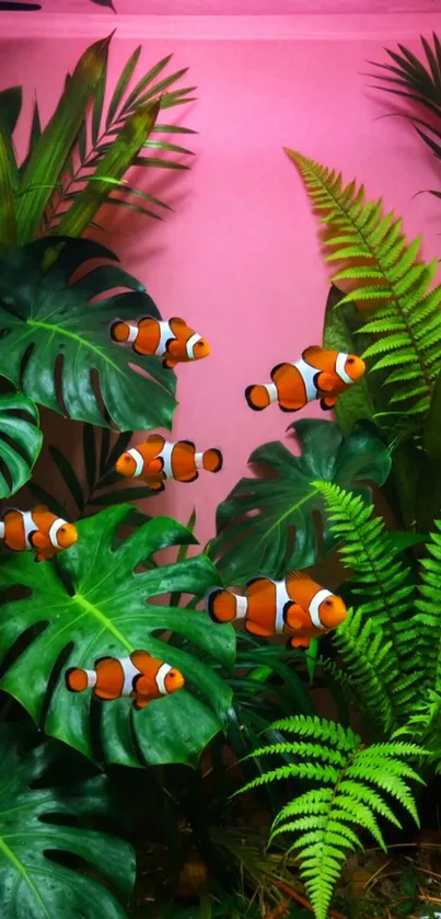 Clownfish swimming in a pink aquarium with green leaves.