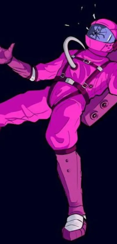 Astronaut in pink suit floating on a dark background wallpaper.