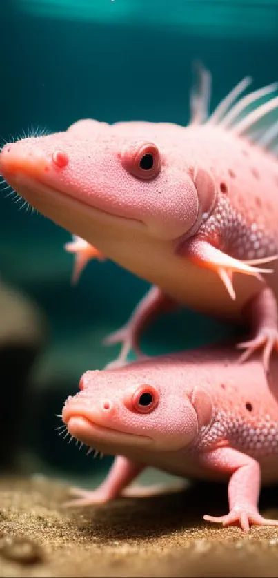 Two pink axolotls underwater on sandy surface.