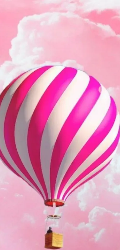 Pink hot air balloon floating in a pastel sky.