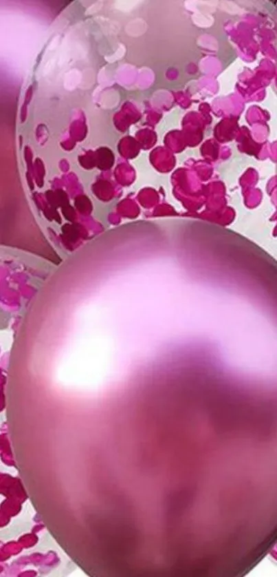 A whimsical mobile wallpaper of shiny pink balloons.