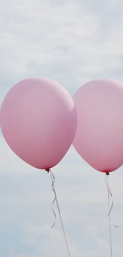 Two pink balloons floating in the clear sky.