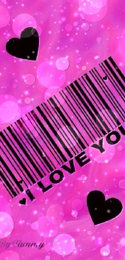 Pink wallpaper with barcode, hearts, and 'I Love You' text.