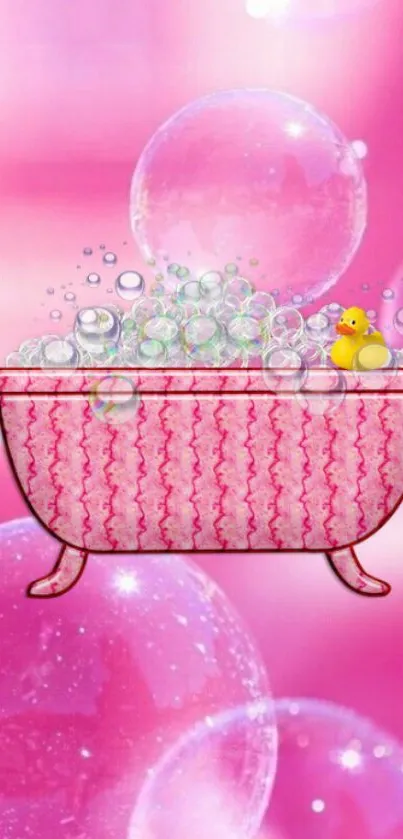 Pink bathtub with bubbles and a rubber duck on a vibrant background.