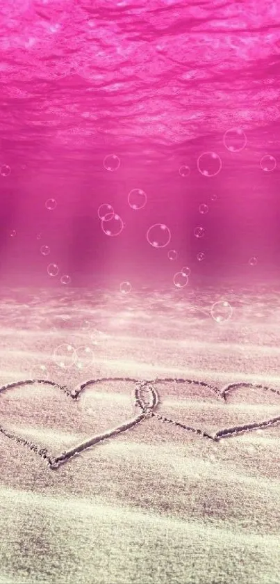 Romantic pink beach scene with hearts in the sand.