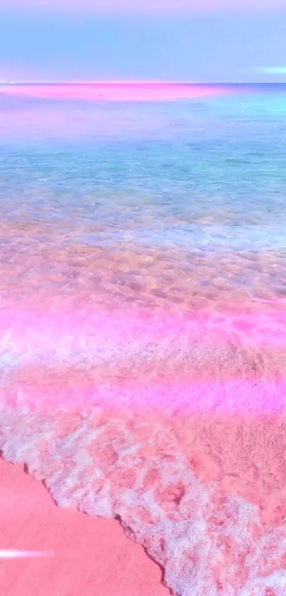 Mobile wallpaper of pink beach and blue ocean with gentle waves.