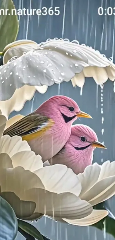 Two pink birds nestled in a blooming flower with raindrops.