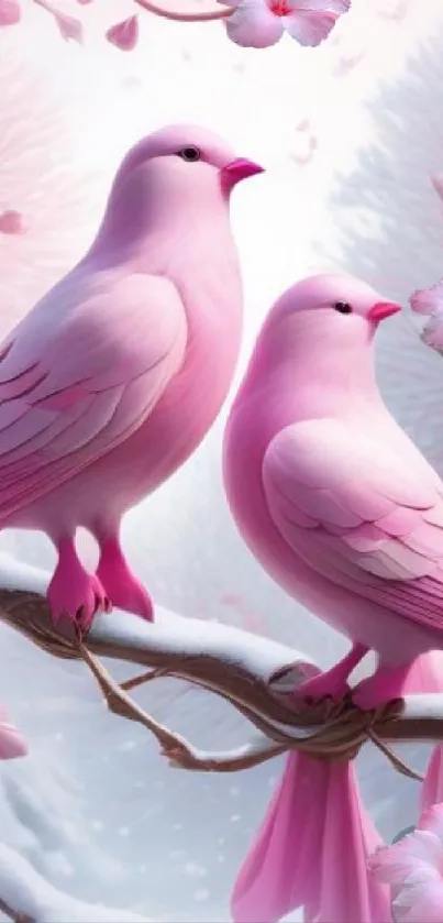 Two pink birds in snowy cherry blossoms, serene wallpaper.