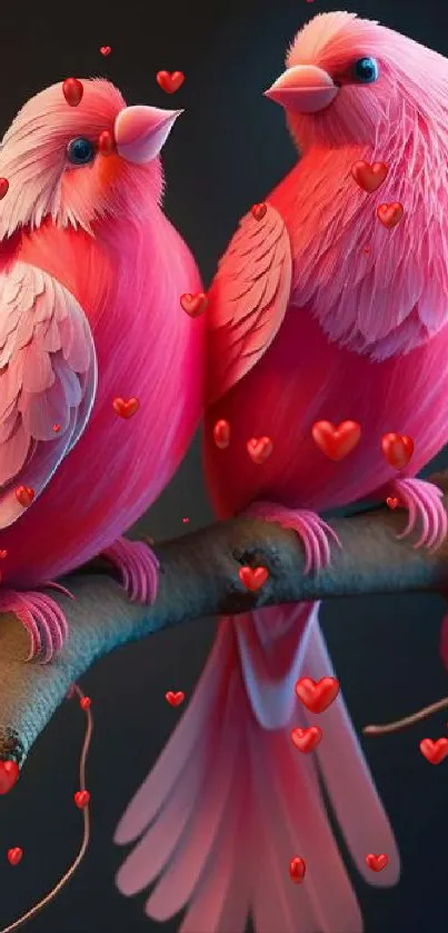 Pink birds perched on branch with artistic foliage, vibrant and detailed.