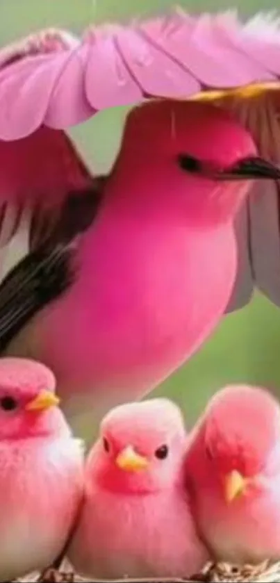 Pink birds under a protective wing, vibrant art.