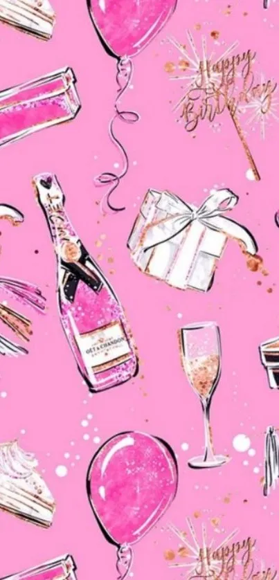 Festive pink birthday wallpaper with cakes, balloons, and champagne.