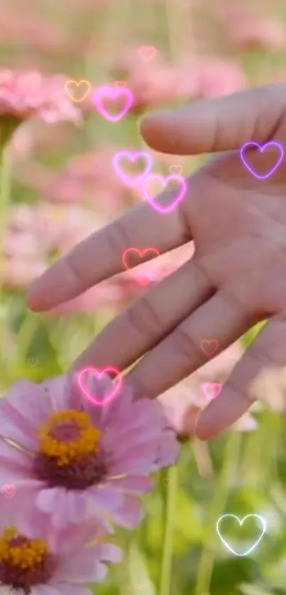 Hand touching pink flowers with glowing hearts in nature.