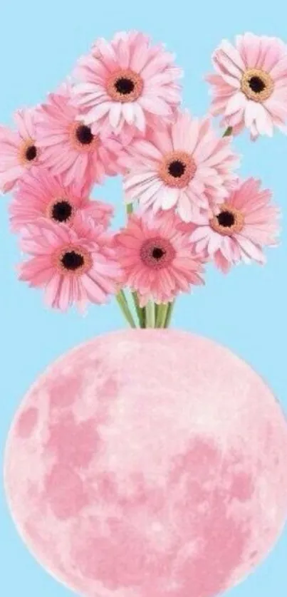 Pink flowers and moon on blue background.