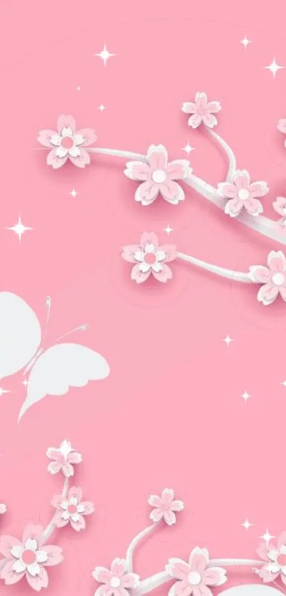 Elegant pink wallpaper with blossoms and butterfly design.