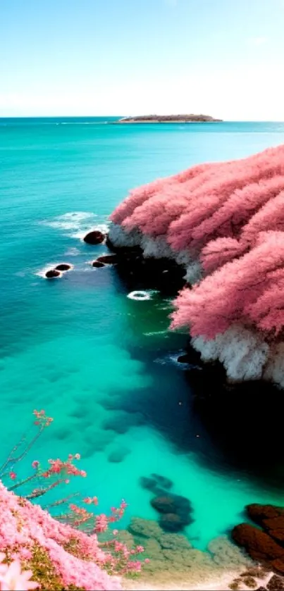 Pink blossoms overlooking a teal ocean beach