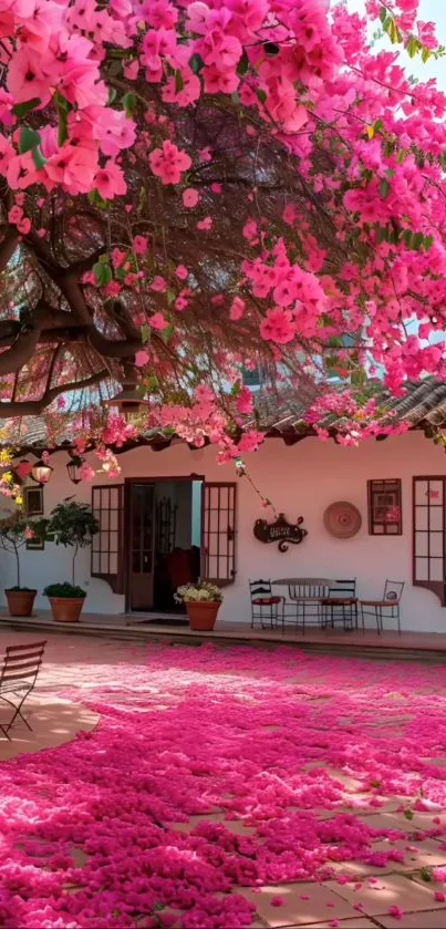 Serene courtyard with pink blossom tree and petals on the ground.