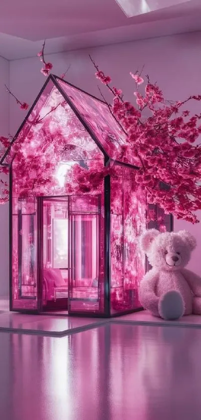 Pink glass house with blossoms and teddy.