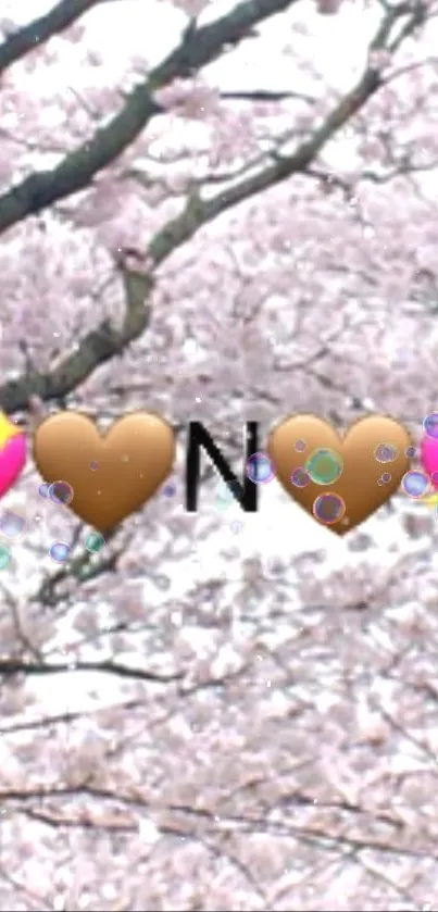 Blossoming cherry tree with heart emojis.