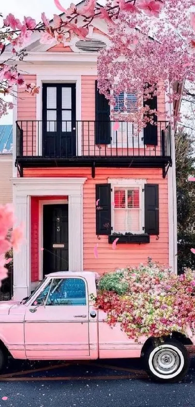 Truck with flowers in front of a pink house and cherry blossoms.