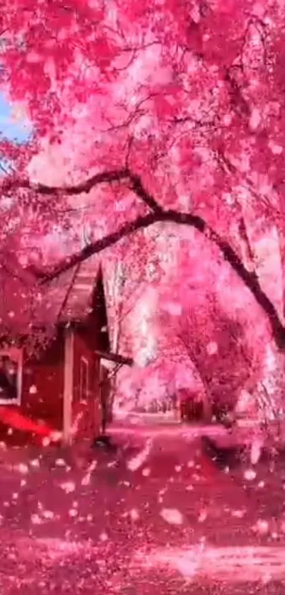 A serene view of pink blossoms surrounding a wooden cabin.