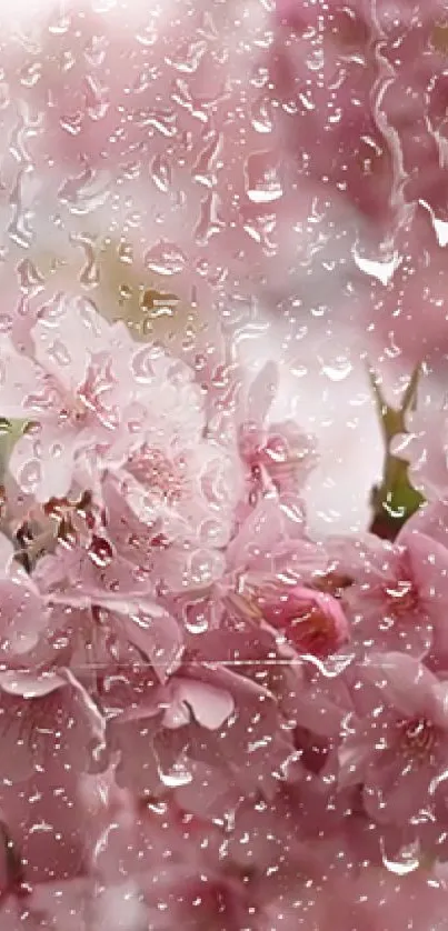 Pink blossoms with raindrops on a mobile screen wallpaper.