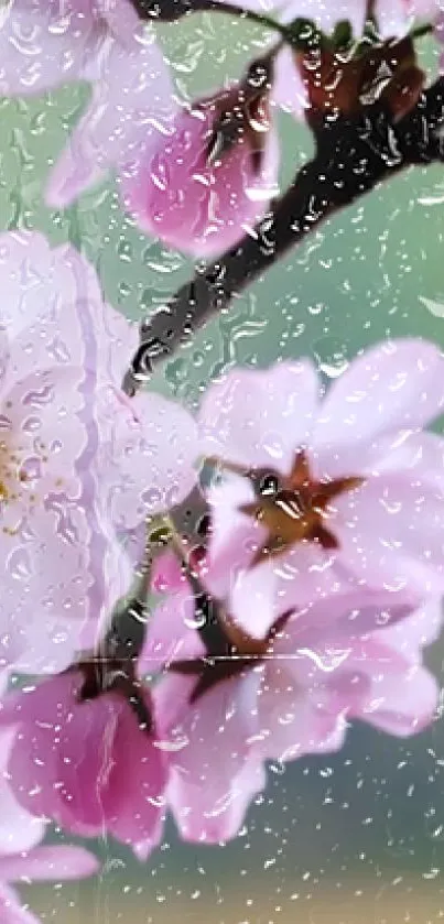 Pink cherry blossoms with rain droplets on a branch.