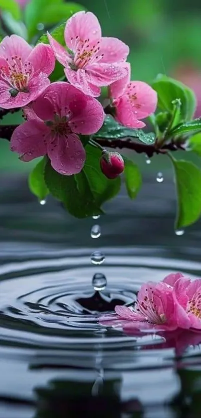 Pink blossoms reflecting in water with droplets.