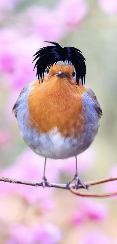 Bird sitting on branch with pink floral background.