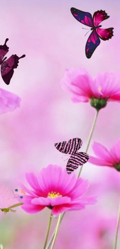 Mobile wallpaper with pink flowers and butterflies.